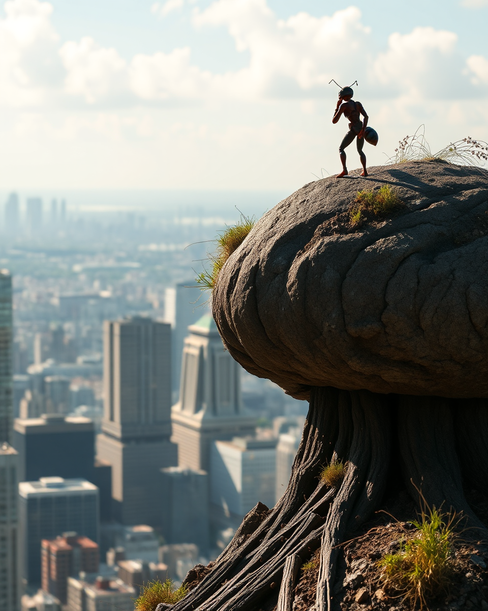 Ant-Man on Giant Anthill Overlooks City Skyline