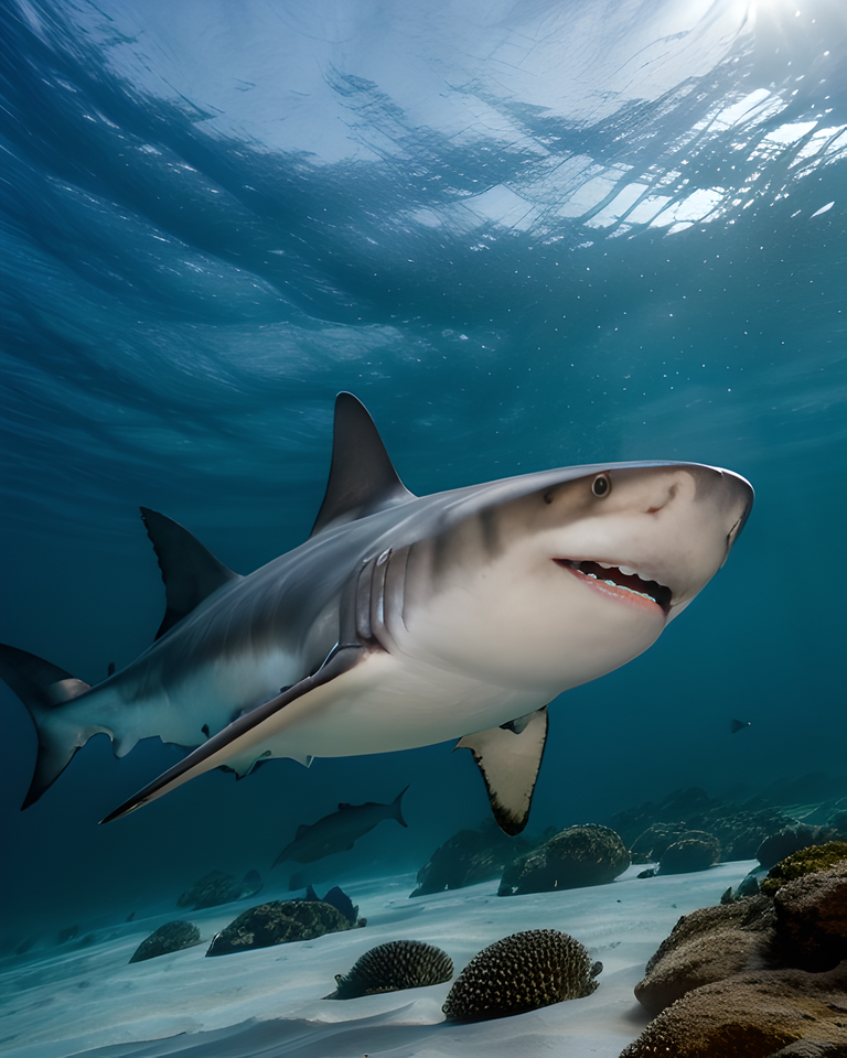 Sharks Swimming Through Deep Blue Ocean's Darkness