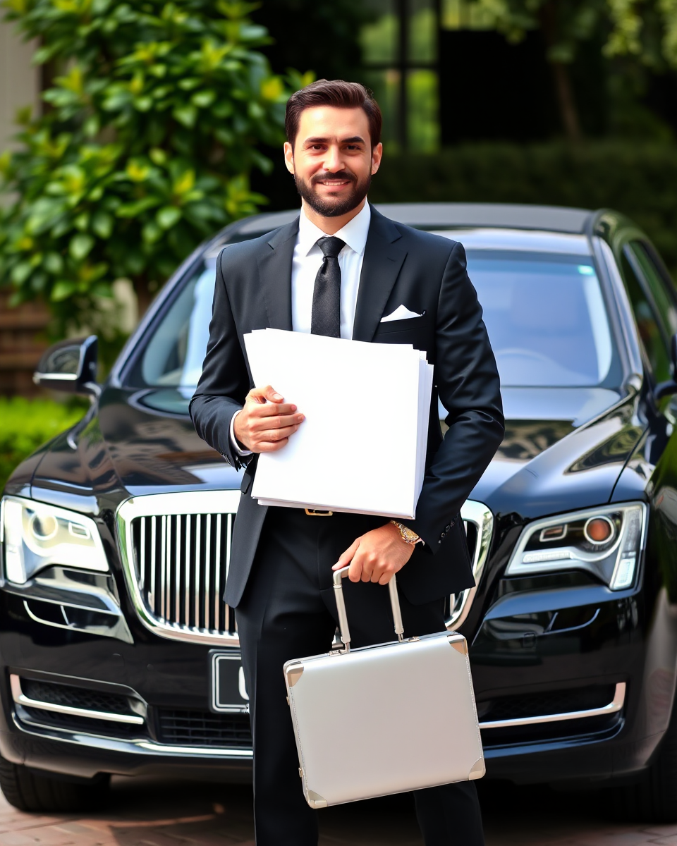 Luxury Chauffeur Mark Poses with Sleek Black Limousine