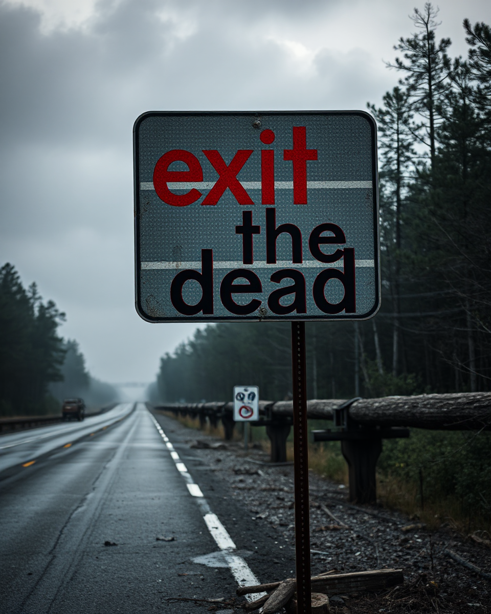 Abandoned Highway with Bloody "Exit the Dead" Sign