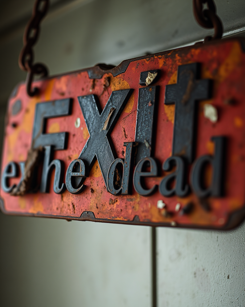 Faded "Exit the Dead" Sign on Rusty Highway Exit