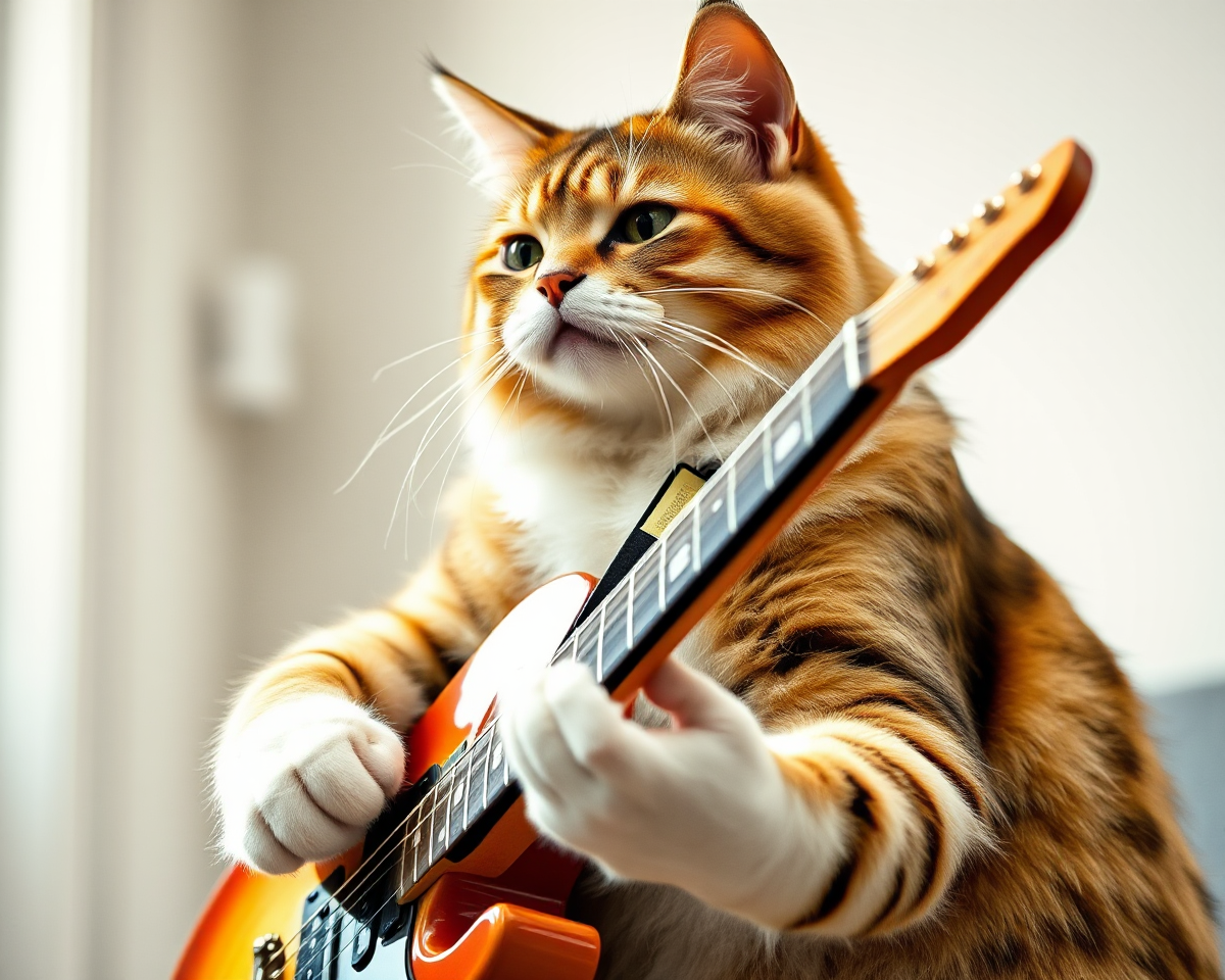 Generate Whimsical Feline Image of Cat Playing Guitar