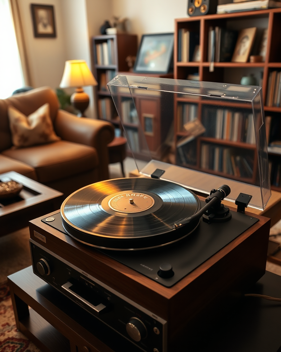 Cozy Living Room with Vintage Record Player and High Fidelity Music