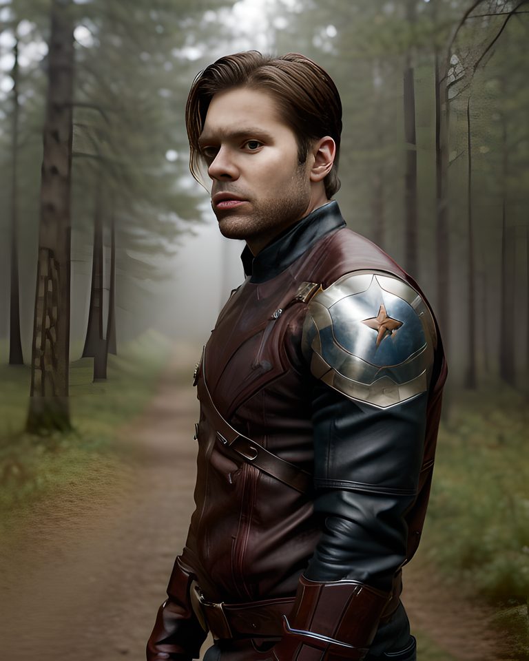 Sebastian Stan as Bucky Barnes in Determined Forest Stance