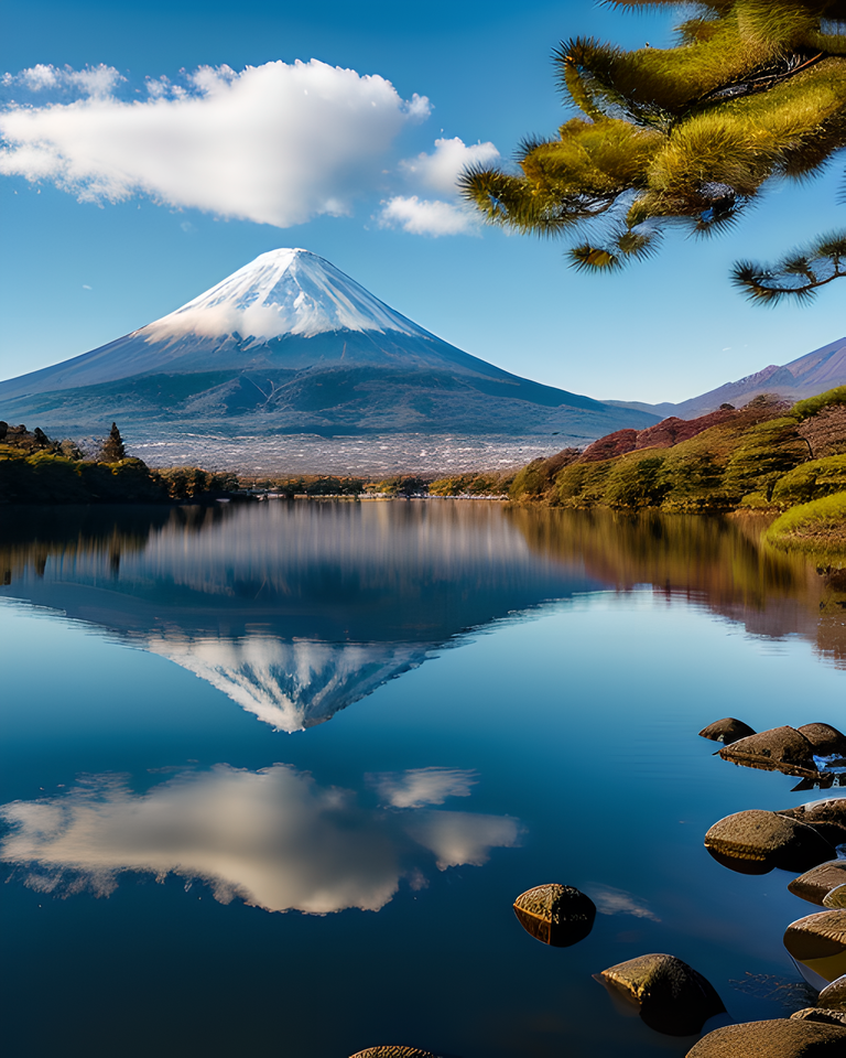 Mount Fuji Reflected in Calm Lake Kawaguchi