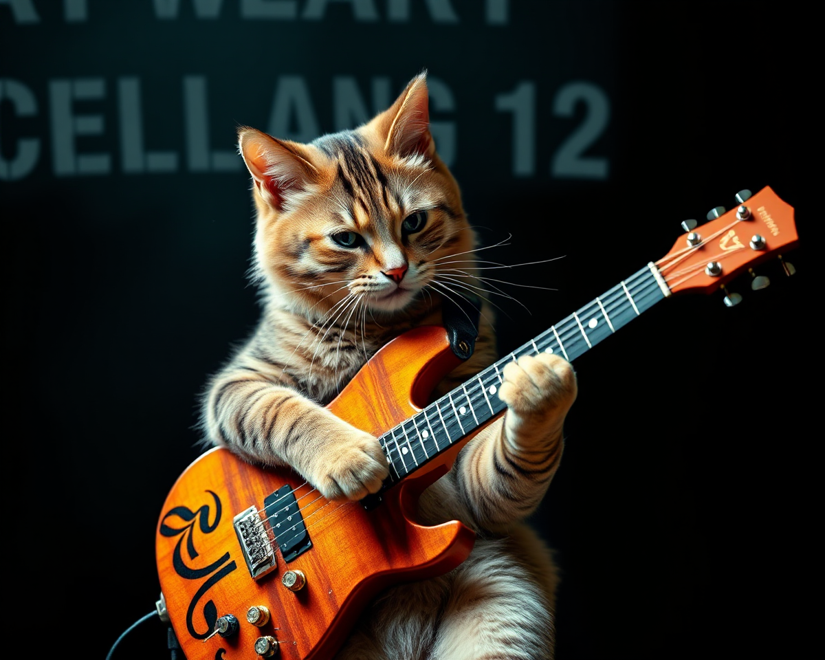 Whimsical Cat Plays Guitar in Vivid Colors