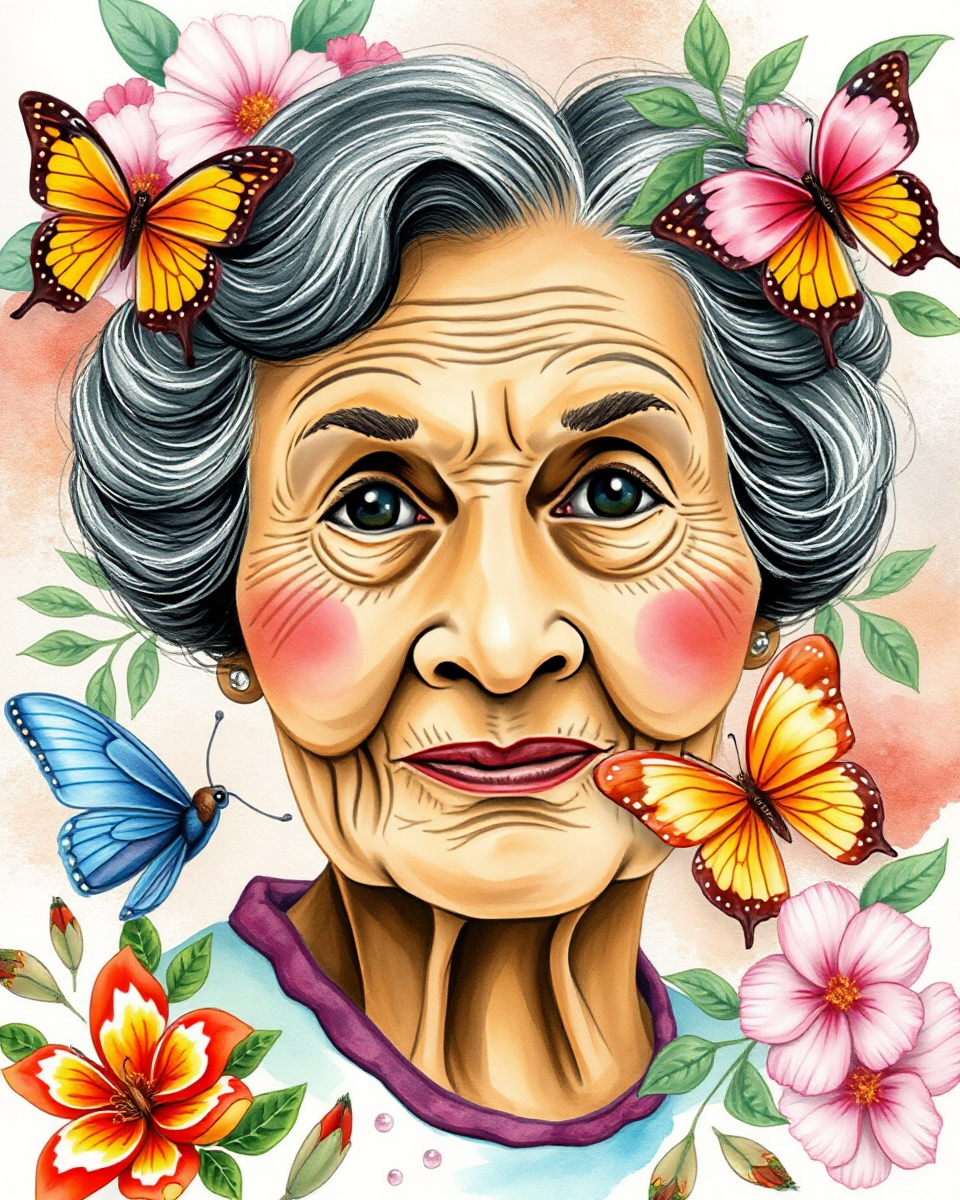 Nana's Gentle Nature Portrayed with Flowers and Butterflies