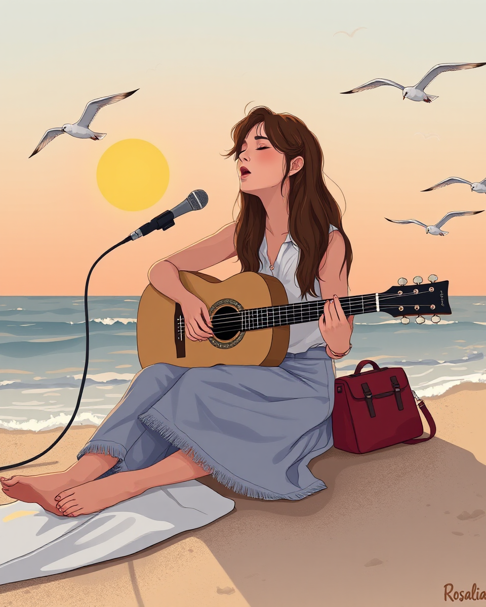 Rosalia Serene on Sunset Beach with Guitar and Seagulls