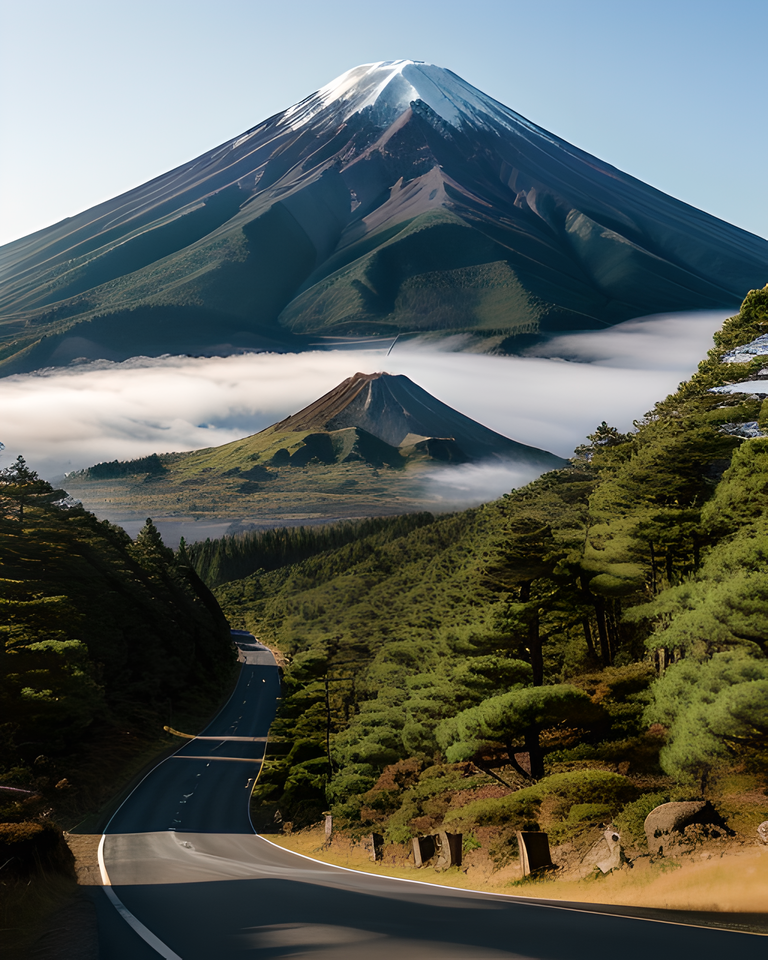 Majestic Mount Fuji Rises Above Misty Forest