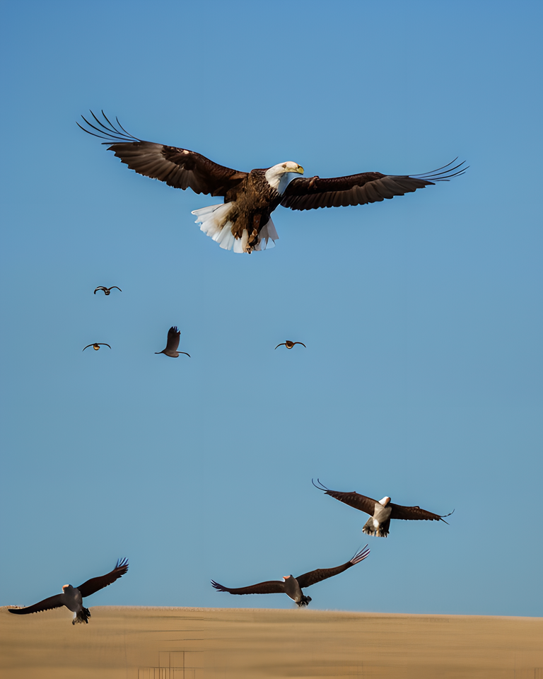 Wild Geese and Eagle Fly in Blue