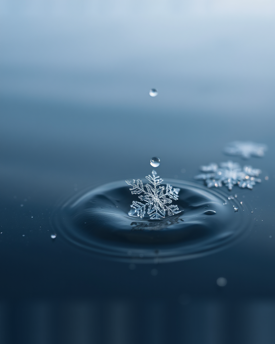 Frozen Snowflake Falls onto Calm Pond Water