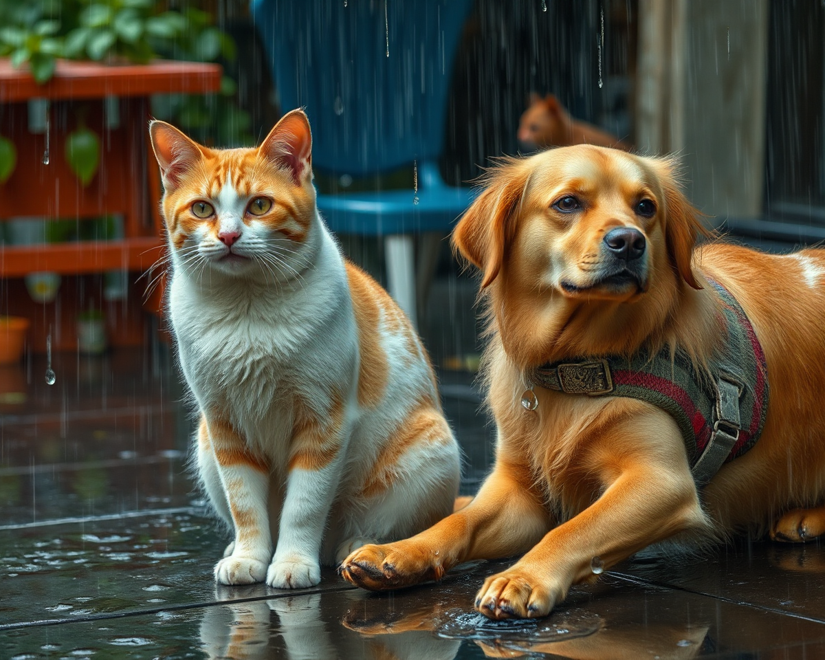 The Images of Cats and Dogs Raining Heavily