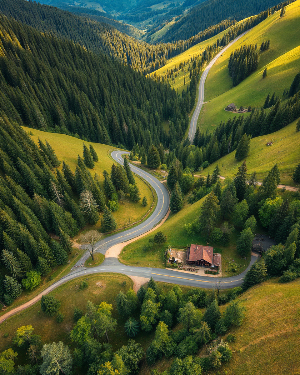 Scenic Aerial View of Winding Road in Lush Valley