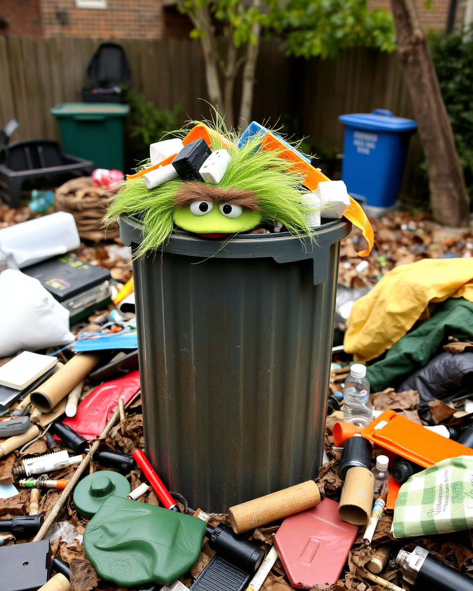 Oscar the Grouch's Trash Can Overflows on Sesame Street