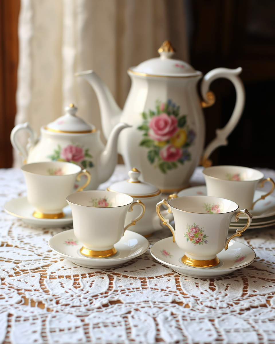 Nana's Vintage Tea Set on Lace Tablecloth