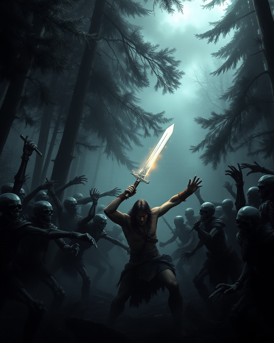 Conan Battles Undead Skeletons in Misty Dark Forest